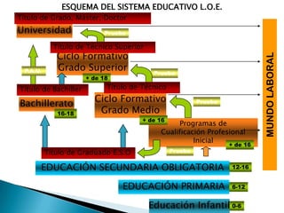 ESQUEMA DEL SISTEMA EDUCATIVO L.O.E.
Título de Grado, Máster, Doctor
Universidad                Prueba

             Título de Técnico Superior
              Ciclo Formativo
  P.A.U.      Grado Superior               Prueba
                      + de 18

Título de Bachiller         Título de Técnico
                         Ciclo Formativo
Bachillerato                                             Prueba

              16-18       Grado Medio
                                      + de 16
                                                  Programas de
                                             Cualificación Profesional
                                                       Inicial
                                                                  + de 16
           Título de Graduado E.S.O             Prueba


       EDUCACIÓN SECUNDARIA OBLIGATORIA                            12-16


                                EDUCACIÓN PRIMARIA                 6-12


                                          Educación Infantil 0-6
 