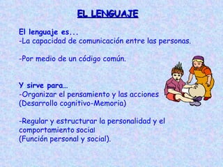 EL LENGUAJE

El lenguaje es...
-La capacidad de comunicación entre las personas.

-Por medio de un código común.


Y sirve para…
-Organizar el pensamiento y las acciones
(Desarrollo cognitivo-Memoria)

-Regular y estructurar la personalidad y el
comportamiento social
(Función personal y social).
 