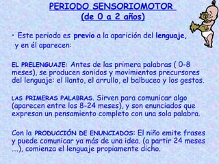 PERIODO SENSORIOMOTOR
                  (de 0 a 2 años)

• Este periodo es previo a la aparición del lenguaje,
 y en él aparecen:

EL PRELENGUAJE: Antes de las primera palabras ( 0-8
meses), se producen sonidos y movimientos precursores
del lenguaje: el llanto, el arrullo, el balbuceo y los gestos.

LAS PRIMERAS PALABRAS.  Sirven para comunicar algo
(aparecen entre los 8-24 meses), y son enunciados que
expresan un pensamiento completo con una sola palabra.

Con la PRODUCCIÓN DE ENUNCIADOS: El niño emite frases
y puede comunicar ya más de una idea. (a partir 24 meses
….), comienza el lenguaje propiamente dicho.
 