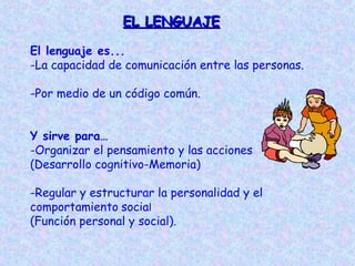 EL LENGUAJE

El lenguaje es...
-La capacidad de comunicación entre las personas.

-Por medio de un código común.


Y sirve para…
-Organizar el pensamiento y las acciones
(Desarrollo cognitivo-Memoria)

-Regular y estructurar la personalidad y el
comportamiento social
(Función personal y social).
 