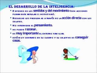 El desarrollo de la inteligencia: Depende de los  sentidos y del movimiento  (son acciones puramente reflejas e instintivas). Resuelve los problemas a través de la  acción directa  con los objetos. No interviene el  pensamiento. no puede  razonar.   es  muy importante  el entorno familiar. está muy centrado en su cuerpo y su objetivo es  conseguir cosas.   
