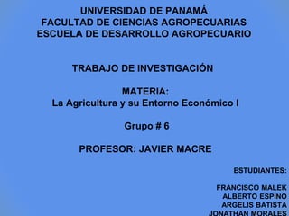 UNIVERSIDAD DE PANAMÁ
FACULTAD DE CIENCIAS AGROPECUARIAS
ESCUELA DE DESARROLLO AGROPECUARIO
TRABAJO DE INVESTIGACIÓN
MATERIA:
La Agricultura y su Entorno Económico I
Grupo # 6
PROFESOR: JAVIER MACRE
ESTUDIANTES:
FRANCISCO MALEK
ALBERTO ESPINO
ARGELIS BATISTA
 
