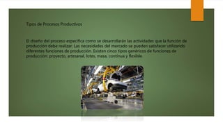 Tipos de Procesos Productivos
El diseño del proceso especifica como se desarrollarán las actividades que la función de
producción debe realizar. Las necesidades del mercado se pueden satisfacer utilizando
diferentes funciones de producción. Existen cinco tipos genéricos de funciones de
producción: proyecto, artesanal, lotes, masa, continua y flexible.
 