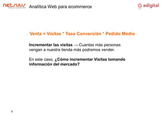 Analítica Web para ecommerceVenta = Visitas * Tasa Conversión * Pedido MedioIncrementar las visitas -> Cuantas más personas vengan a nuestra tienda más podremos vender.En este caso, ¿Cómo incrementar Visitas tomando información del mercado?