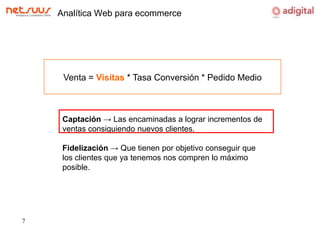 Analítica Web para ecommerceVenta = Visitas * Tasa Conversión * Pedido MedioCaptación -> Las encaminadas a lograr incrementos de ventas consiguiendo nuevos clientes.Fidelización -> Que tienen por objetivo conseguir que los clientes que ya tenemos nos compren lo máximo posible.