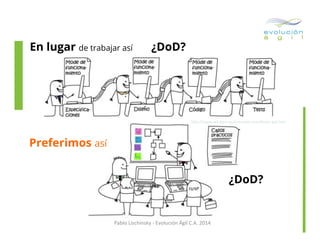 En lugar de trabajar así

¿DoD?

h=p://www.w4-­‐bpm.es/principios-­‐maniﬁesto-­‐agil.htm	
  

Preferimos así
¿DoD?

Pablo	
  Lischinsky	
  -­‐	
  Evolución	
  Ágil	
  C.A.	
  2014	
  

 