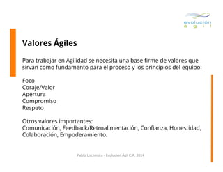 Valores Ágiles
Para trabajar en Agilidad se necesita una base ﬁrme de valores que
sirvan como fundamento para el proceso y los principios del equipo:
Foco
Coraje/Valor
Apertura
Compromiso
Respeto
Otros valores importantes:
Comunicación, Feedback/Retroalimentación, Conﬁanza, Honestidad,
Colaboración, Empoderamiento.

Pablo	
  Lischinsky	
  -­‐	
  Evolución	
  Ágil	
  C.A.	
  2014	
  

 