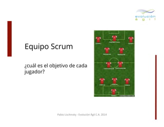 Equipo Scrum
¿cuál es el objetivo de cada
jugador?

Pablo	
  Lischinsky	
  -­‐	
  Evolución	
  Ágil	
  C.A.	
  2014	
  

 