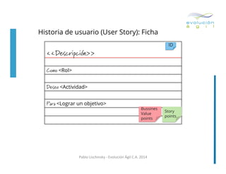 Historia de usuario (User Story): Ficha
ID

	
  

<<Descripción>>
Como	
  <Rol>
Deseo	
  <Actividad>
Para	
  <Lograr un objetivo>

Bussines
Value
points

Pablo	
  Lischinsky	
  -­‐	
  Evolución	
  Ágil	
  C.A.	
  2014	
  

Story
points

 