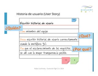 Historia de usuario (User Story)
Us1

	
  

Escribir historias de usuario

¿Quién?	
  

Como

miembro del equipo

¿Qué?	
  

Deseo	
  	
  escribir

historias de usuario correctamente
usando la metáfora 3C
Para	
  que el esclarecimiento de los requisitos
¿Por	
  qué?	
  
se dé con la mayor transparencia posible.
12

Pablo	
  Lischinsky	
  -­‐	
  Evolución	
  Ágil	
  C.A.	
  2014	
  

8

 