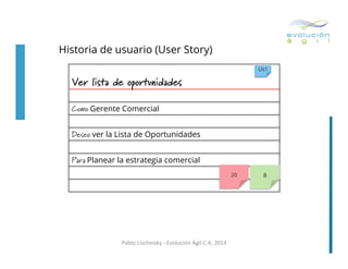 Historia de usuario (User Story)
Us1

	
  

Ver lista de oportunidades
Como	
  Gerente Comercial
Deseo	
  ver la Lista de Oportunidades
Para	
  Planear la estrategia comercial
20

Pablo	
  Lischinsky	
  -­‐	
  Evolución	
  Ágil	
  C.A.	
  2014	
  

8

 