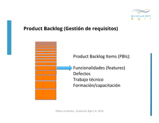 Product Backlog (Gestión de requisitos)

Product	
  Backlog	
  Items	
  (PBIs):	
  
	
  	
  
Funcionalidades	
  (features)	
  
Defectos	
  
Trabajo	
  técnico	
  
Formación/capacitación	
  

Pablo	
  Lischinsky	
  -­‐	
  Evolución	
  Ágil	
  C.A.	
  2014	
  

 