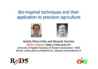 Bio-inspired techniques and their
application to precision agriculture




      Andrés Pérez-Uribe and Eduardo Sanchez
        REDS Institute (http://reds.eivd.ch)
 University of Applied Sciences of Western-Switzerland - EIVD
Emails: andres.perez-uribe@eivd.ch, eduardo.sanchez@eivd.ch
 