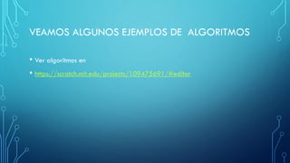 VEAMOS ALGUNOS EJEMPLOS DE ALGORITMOS
• Ver algoritmos en
• https://scratch.mit.edu/projects/109475691/#editor
 