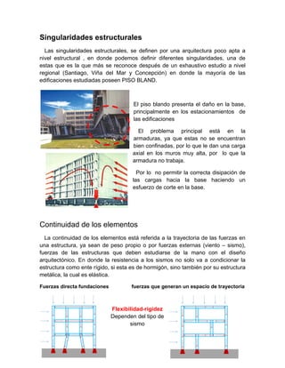 Singularidades estructurales
  Las singularidades estructurales, se definen por una arquitectura poco apta a
nivel estructural , en donde podemos definir diferentes singularidades, una de
estas que es la que más se reconoce después de un exhaustivo estudio a nivel
regional (Santiago, Viña del Mar y Concepción) en donde la mayoría de las
edificaciones estudiadas poseen PISO BLAND.



                                      El piso blando presenta el daño en la base,
                                      principalmente en los estacionamientos de
                                      las edificaciones

                                        El problema principal está en la
                                      armaduras, ya que estas no se encuentran
                                      bien confinadas, por lo que le dan una carga
                                      axial en los muros muy alta, por lo que la
                                      armadura no trabaja.

                                        Por lo no permitir la correcta disipación de
                                      las cargas hacia la base haciendo un
                                      esfuerzo de corte en la base.




Continuidad de los elementos
  La continuidad de los elementos está referida a la trayectoria de las fuerzas en
una estructura, ya sean de peso propio o por fuerzas externas (viento – sismo),
fuerzas de las estructuras que deben estudiarse de la mano con el diseño
arquitectónico. En donde la resistencia a los sismos no solo va a condicionar la
estructura como ente rígido, si esta es de hormigón, sino también por su estructura
metálica, la cual es elástica.

Fuerzas directa fundaciones          fuerzas que generan un espacio de trayectoria



                              Flexibilidad-rigidez
                              Dependen del tipo de
                                     sismo
 