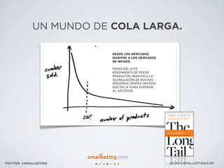 UN MUNDO DE COLA LARGA.
DESDE LOS MERCADOS
MASIVOS A LOS MERCADOS
DE NICHOS.
PASAR DEL ALTO
RENDIMIENTO DE POCOS
PRODUCTOS (MASIVO) A LA
ACUMULACIÓN DE MUCHAS
PEQUEÑAS VENTAS (NICHOS)
QUE EN LA SUMA SUPERAN
AL ANTERIOR.
JAVIER@SMALLKETING.COMTWITTER: @SMALLKETING
 