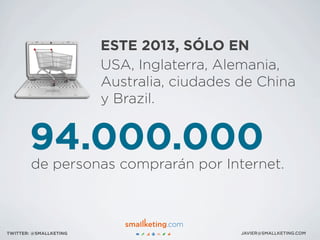USA, Inglaterra, Alemania,
Australia, ciudades de China
y Brazil.
ESTE 2013, SÓLO EN
94.000.000
de personas comprarán por Internet.
JAVIER@SMALLKETING.COMTWITTER: @SMALLKETING
 