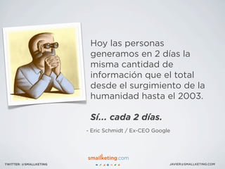 - Eric Schmidt / Ex-CEO Google
Hoy las personas
generamos en 2 días la
misma cantidad de
información que el total
desde el surgimiento de la
humanidad hasta el 2003.
Sí... cada 2 días.
JAVIER@SMALLKETING.COMTWITTER: @SMALLKETING
 
