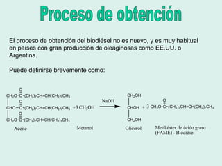 El proceso de obtención del biodiésel no es nuevo, y es muy habitual
en países con gran producción de oleaginosas como EE.UU. o
Argentina.
Puede definirse brevemente como:
CH2O
CHO
CH2O
C (CH2)7CH=CH(CH2)7CH3
O
C (CH2)7CH=CH(CH2)7CH3
O
C (CH2)7CH=CH(CH2)7CH3
O
+ CH3OH
NaOH
CH2OH
CHOH
CH2OH
+ CH3O C (CH2)7CH=CH(CH2)7CH3
O
33
Aceite Metanol Glicerol Metil éster de ácido graso
(FAME) - Biodiésel
 
