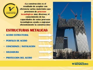 • ACERO ESTRUCTURAL
• PERFILES DE ACERO
• CONEXIONES / INSTALACION
• SOLDADURA
• PROTECCION DEL ACERO
«La construcción es el
resultado de acoplar con
eficiencia varios materiales que
provienen de procesos
tecnológicos muy diversos; el
conocimiento de las
capacidades de estos procesos
tecnológicos ayuda a engranar
eficientemente la construcción»
ESTRUCTURAS METALICAS
 