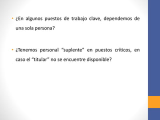 • ¿En algunos puestos de trabajo clave, dependemos de
una sola persona?
• ¿Tenemos personal “suplente” en puestos críticos, en
caso el “titular” no se encuentre disponible?
 