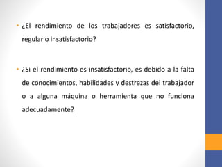 • ¿El rendimiento de los trabajadores es satisfactorio,
regular o insatisfactorio?
• ¿Si el rendimiento es insatisfactorio, es debido a la falta
de conocimientos, habilidades y destrezas del trabajador
o a alguna máquina o herramienta que no funciona
adecuadamente?
 