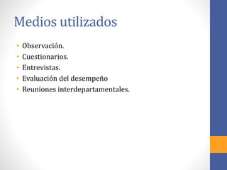 Medios utilizados
• Observación.
• Cuestionarios.
• Entrevistas.
• Evaluación del desempeño
• Reuniones interdepartamentales.
 