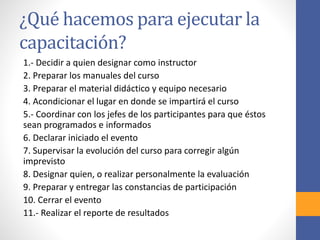 ¿Qué hacemos para ejecutar la
capacitación?
1.- Decidir a quien designar como instructor
2. Preparar los manuales del curso
3. Preparar el material didáctico y equipo necesario
4. Acondicionar el lugar en donde se impartirá el curso
5.- Coordinar con los jefes de los participantes para que éstos
sean programados e informados
6. Declarar iniciado el evento
7. Supervisar la evolución del curso para corregir algún
imprevisto
8. Designar quien, o realizar personalmente la evaluación
9. Preparar y entregar las constancias de participación
10. Cerrar el evento
11.- Realizar el reporte de resultados
 
