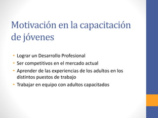 Motivación en la capacitación
de jóvenes
• Lograr un Desarrollo Profesional
• Ser competitivos en el mercado actual
• Aprender de las experiencias de los adultos en los
distintos puestos de trabajo
• Trabajar en equipo con adultos capacitados
 