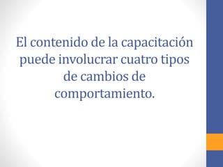 El contenido de la capacitación
puede involucrar cuatro tipos
de cambios de
comportamiento.
 