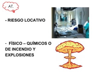 AT.

- RIESGO LOCATIVO

- FÍSICO – QUÍMICOS O
DE INCENDIO Y
EXPLOSIONES

 