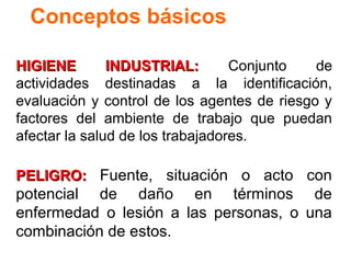 Conceptos básicos
HIGIENE
INDUSTRIAL:
Conjunto
de
actividades destinadas a la identificación,
evaluación y control de los agentes de riesgo y
factores del ambiente de trabajo que puedan
afectar la salud de los trabajadores.
PELIGRO: Fuente, situación o acto con

potencial de daño en términos de
enfermedad o lesión a las personas, o una
combinación de estos.

 