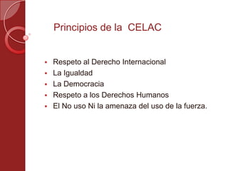 Principios de la CELAC
 Respeto al Derecho Internacional
 La Igualdad
 La Democracia
 Respeto a los Derechos Humanos
 El No uso Ni la amenaza del uso de la fuerza.
 