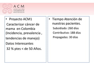 • Proyecto ACM1              • Tiempo Atención de
 Caracterizar cáncer de        nuestras pacientes.
mama en Colombia               Subsidiado :260 días
(Incidencia, prevalencia ,     Contributivo: 188 días
tendencias de manejo)          Prepagadas: 30 días

Datos Interesantes
 32 % ptes < de 50 Años.
 