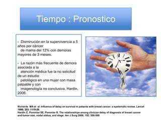 Tiempo : Pronostico

- Disminución en la supervivencia a 5
años por cáncer
  de mama del 12% con demoras
mayores de 3 meses.

- La razón más frecuente de demora
asociada a la
  atención médica fue la no solicitud
de un estudio
  patológico en una mujer con masa
palpable y con
  imagenología no conclusiva. Hardin,
2006.


Richards MA et al. Influence of delay on survival in patients with breast cancer: a systematic review. Lancet
1999; 353: 1119-26
Hardin C, Pommier SE, Pommier R. The relationships among clinician delay of diagnosis of breast cancer
and tumor size, nodal status, and stage. Am J Surg 2006; 192: 506-508
 