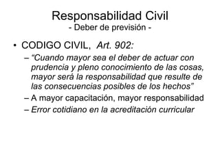 Responsabilidad Civil - Deber de previsión - CODIGO CIVIL,  Art. 902: “ Cuando mayor sea el deber de actuar con prudencia y pleno conocimiento de las cosas, mayor será la responsabilidad que resulte de las consecuencias posibles de los hechos” A mayor capacitación, mayor responsabilidad Error cotidiano en la acreditación curricular 