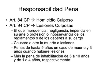 Responsabilidad Penal Art. 84 CP    Homicidio Culposo Art. 94 CP    Lesiones Culposas El que imprudencia, negligencia, impericia en su arte o profesión o inobservancia de los reglamentos o de los deberes a su cargo Causare a otro la muerte o lesiones Penas de hasta 5 años en caso de muerte y 3 años cuando hubiere lesiones Más la pena de inhabilitación de 5 a 10 años y de 1 a 4 años, respectivamente 