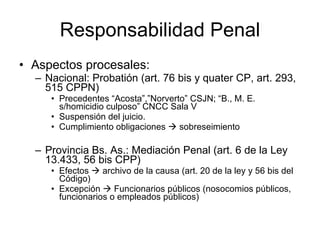 Responsabilidad Penal Aspectos procesales: Nacional: Probatión (art. 76 bis y quater CP, art. 293, 515 CPPN) Precedentes “Acosta”,”Norverto” CSJN; “ B., M. E. s/homicidio culposo” CNCC Sala V Suspensión del juicio.  Cumplimiento obligaciones    sobreseimiento Provincia Bs. As.: Mediación Penal (art. 6 de la Ley 13.433, 56 bis CPP)  Efectos    archivo de la causa (art. 20 de la ley y 56 bis del Código) Excepción    Funcionarios públicos (nosocomios públicos, funcionarios o empleados públicos) 