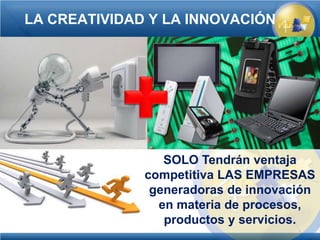 LA CREATIVIDAD Y LA INNOVACIÓN




                 SOLO Tendrán ventaja
              competitiva LAS EMPRESAS
               generadoras de innovación
                en materia de procesos,
                 productos y servicios.
 