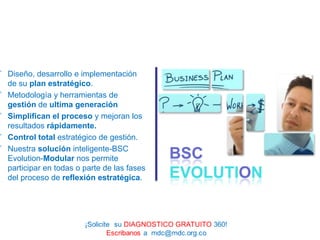  Diseño, desarrollo e implementación
  de su plan estratégico.
 Metodología y herramientas de
  gestión de ultima generación
 Simplifican el proceso y mejoran los
  resultados rápidamente.
 Control total estratégico de gestión.
 Nuestra solución inteligente-BSC
  Evolution-Modular nos permite              BSC
  participar en todas o parte de las fases
  del proceso de reflexión estratégica.      EVOLUTION
 