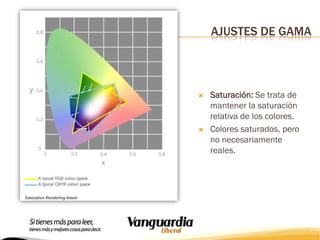 AJUSTES DE GAMA





Saturación: Se trata de
mantener la saturación
relativa de los colores.
Colores saturados, pero
no necesariamente
reales.

 