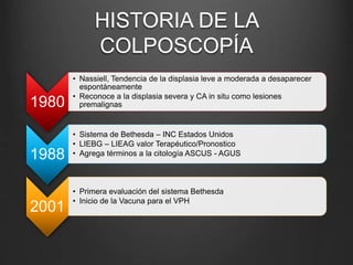 HISTORIA DE LA
COLPOSCOPÍA
1980
• Nassiell, Tendencia de la displasia leve a moderada a desaparecer
espontáneamente
• Reconoce a la displasia severa y CA in situ como lesiones
premalignas
1988
• Sistema de Bethesda – INC Estados Unidos
• LIEBG – LIEAG valor Terapéutico/Pronostico
• Agrega términos a la citología ASCUS - AGUS
2001
• Primera evaluación del sistema Bethesda
• Inicio de la Vacuna para el VPH
 
