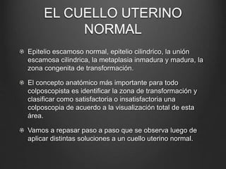 EL CUELLO UTERINO
NORMAL
Epitelio escamoso normal, epitelio cilindrico, la unión
escamosa cilindrica, la metaplasia inmadura y madura, la
zona congenita de transformación.
El concepto anatómico más importante para todo
colposcopista es identificar la zona de transformación y
clasificar como satisfactoria o insatisfactoria una
colposcopia de acuerdo a la visualización total de esta
área.
Vamos a repasar paso a paso que se observa luego de
aplicar distintas soluciones a un cuello uterino normal.
 