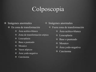Colposcopia
Imágenes anormales
En zona de transformación
Área acético-blanca
Zona de transformación atípica
Leucoplasia
Base o punteado
Mosaico
Vasos atípicos
Área yodo-negativa
Carcinoma
Imágenes anormales
Fuera zona de transformación
Área acético-blanca
Leucoplasia
Base o punteado
Mosaico
Área yodo-negativa
Carcinoma
 