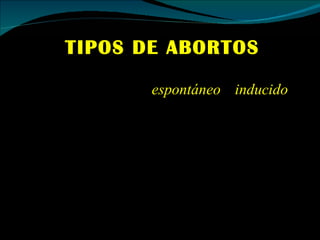TIPOS DE ABORTOS El aborto puede ser  espontáneo  e  inducido . Los fetos expulsados con menos de 1 libra de peso o 20 semanas de gestación se consideran abortos. Ambos tipos de abortos son actos o sucesos clínicos que generan en la mujer una tensión y un desajuste emocional. 