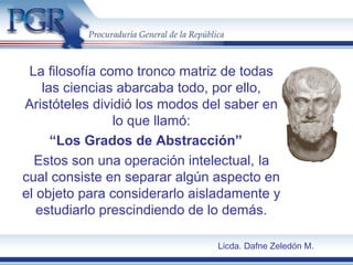La filosofía como tronco matriz de todas
las ciencias abarcaba todo, por ello,
Aristóteles dividió los modos del saber en
lo que llamó:
“Los Grados de Abstracción”
Estos son una operación intelectual, la
cual consiste en separar algún aspecto en
el objeto para considerarlo aisladamente y
estudiarlo prescindiendo de lo demás.
Licda. Dafne Zeledón M.
 