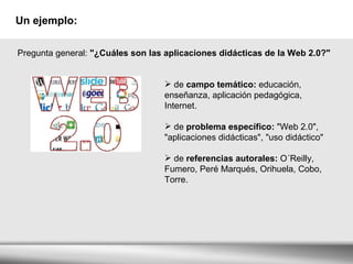 Un ejemplo: Pregunta general:  "¿Cuáles son las aplicaciones didácticas de la Web 2.0?" de  campo temático:  educación, enseñanza, aplicación pedagógica, Internet. de  problema específico:  "Web 2.0", "aplicaciones didácticas", "uso didáctico" de  referencias autorales:  O´Reilly, Fumero, Peré Marqués, Orihuela, Cobo, Torre .   