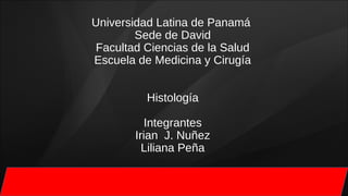 Universidad Latina de Panamá
Sede de David
Facultad Ciencias de la Salud
Escuela de Medicina y Cirugía
Histología
Integrantes
Irian J. Nuñez
Liliana Peña
 