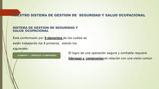 NUESTRO SISTEMA DE GESTION DE SEGURIDAD Y SALUD OCUPACIONAL
SISTEMA DE GESTION DE SEGURIDAD Y
SALUD OCUPACIONAL
Esta conformado por 9 elementos de los cuales se
están trabajando los 8 primeros, siendo los
siguientes:
ELEMENTO 1 LIDERAZGO YCOMPROMISO
El logro de una operación segura y confiable requiere
liderazgo y compromiso en relación con una visión común
 
