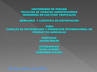UNIVERSIDAD DE PANAMÁ
        FACULTAD DE CIENCIAS AGROPECUARIAS
         INGENIERÍA EN CULTIVOS TROPICALES

        MERCADEO Y LOGÍSTICA DE EXPORTACIÓN

                        TEMA:
CANALES DE DISTRIBUCIÓN Y PROMOCIÓN INTERNACIONAL DE
                PRODUCTOS AGRÍCOLAS

                    PROFESOR:
                   JAVIER MACRE

                   ESTUDIANTES:
                   ISAAC GUDIÑO
                 FERNANDO GÁLVEZ




 24 de enero del 2013
 